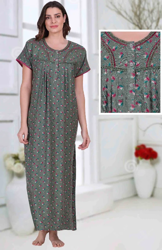 Floral Printed Cotton Long Green Nighty for ladies