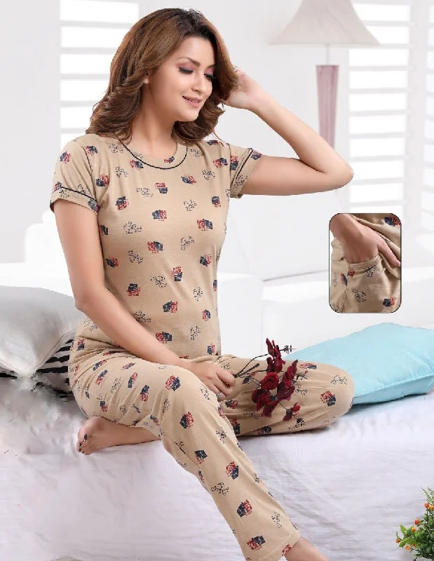 Printed Cotton night suit design for ladies Brown