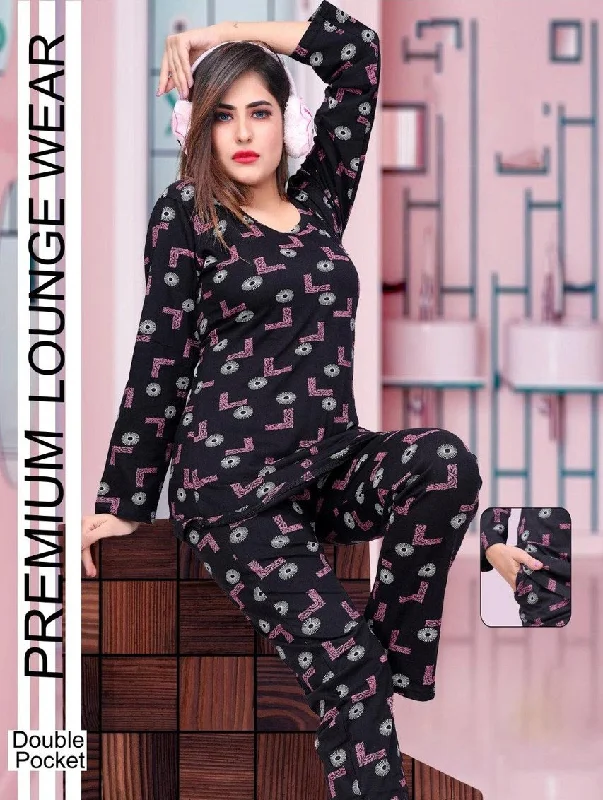 Full Sleeves Hosiery Cotton Ladies Night Suits Black