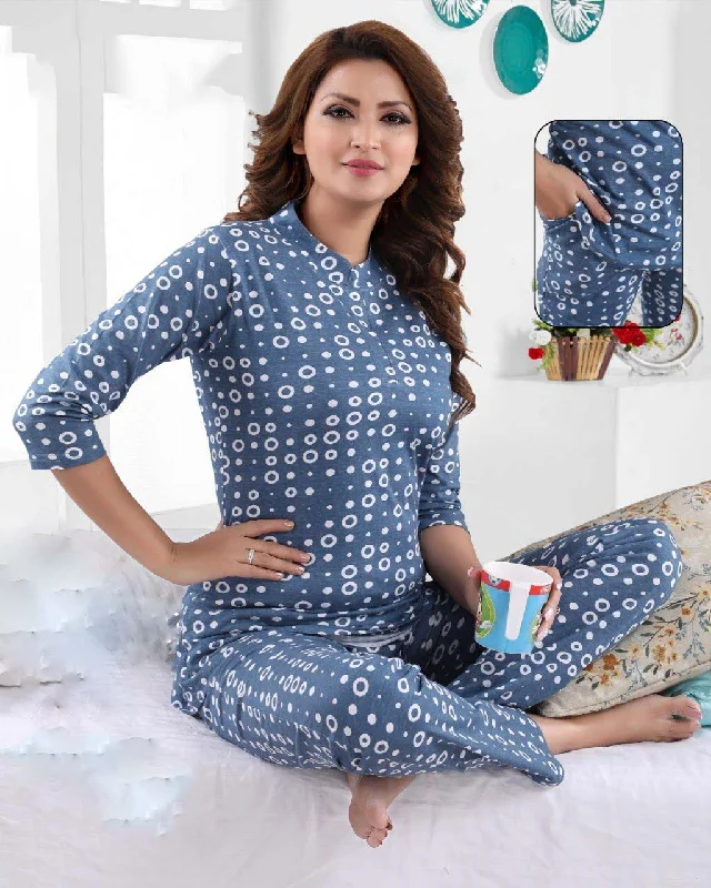 Printed Nightwear Cotton Pajama Set Dark Blue