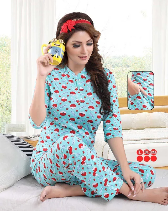 Printed Stylish Nightwear Cotton Pajama Set Light Blue