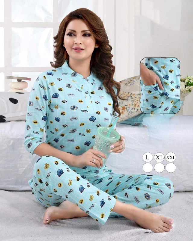 Women Printed Nightwear Cotton Pajama Set Blue