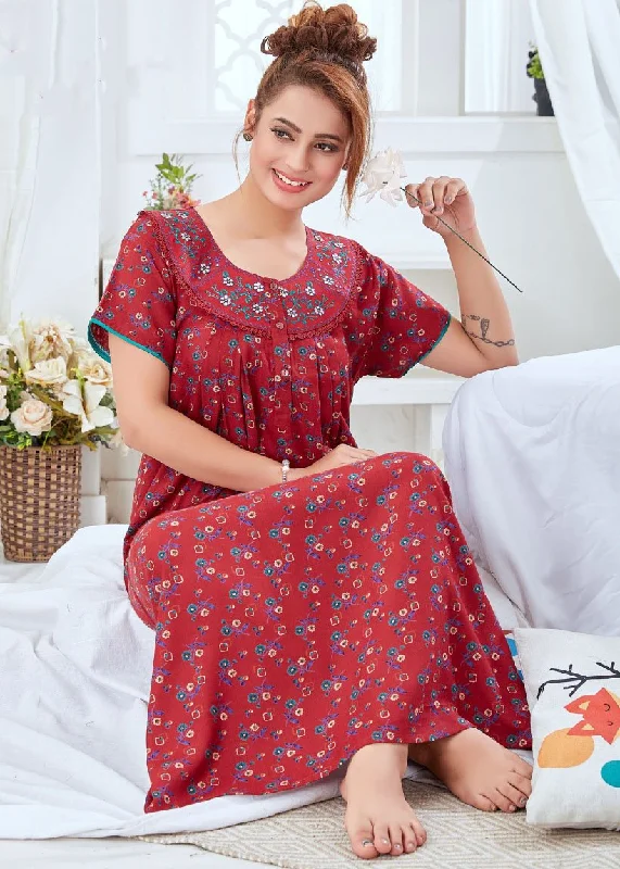 Cotton Alpine Nighty Maroon Night wear Gown for Women