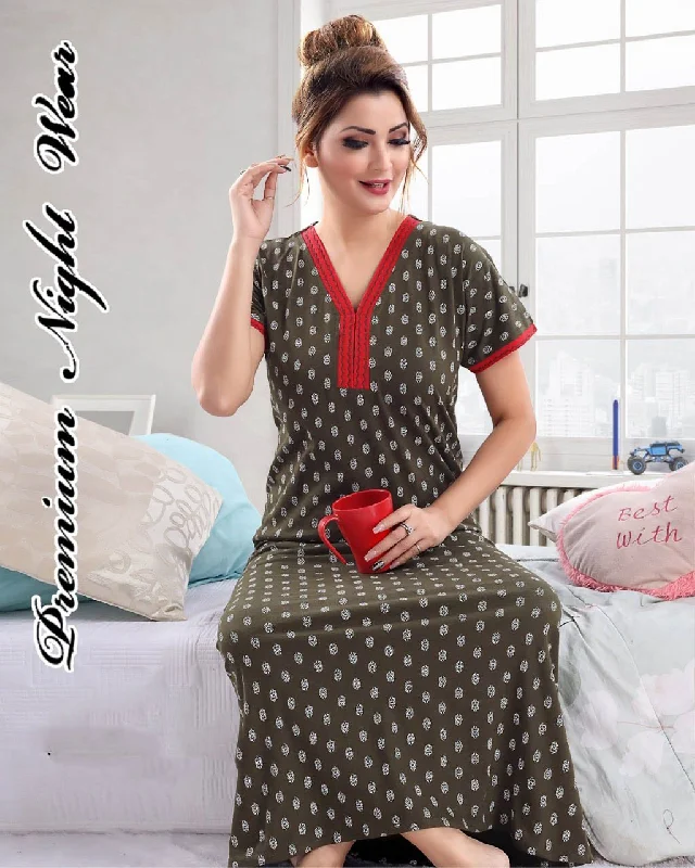 Cotton Dark Green Long Nighty Nightgown for Women