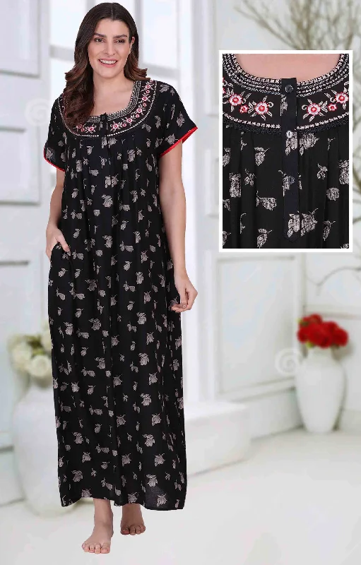 Cotton Long Black Nighty for Woman with Embroidery