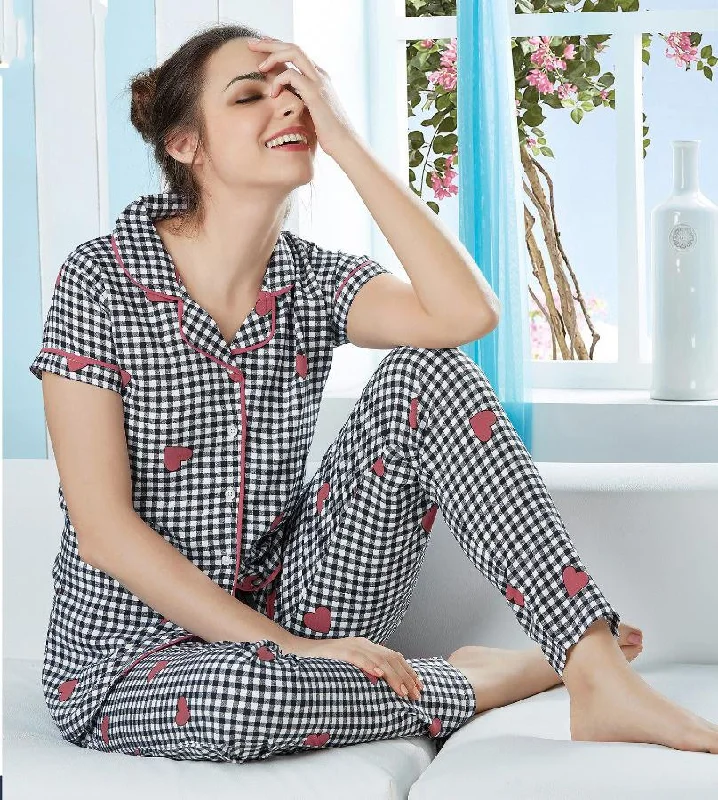 Cotton Printed Black Collar NightSuit Pajama Set for Woman