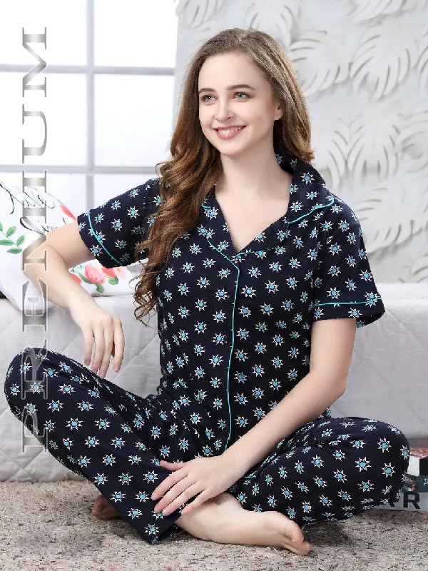 Black Cotton Night Wear Set With Collar for Women