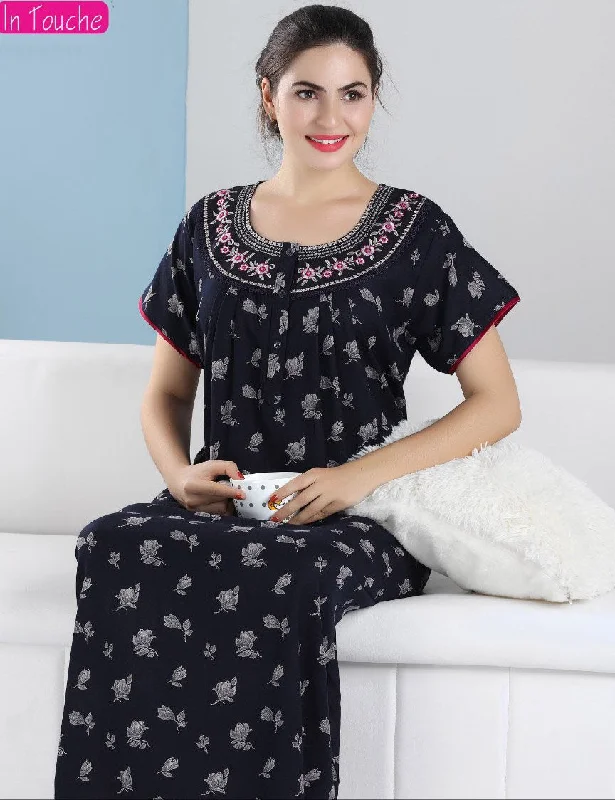 Cotton Long Dark Blue Nighty for Woman with Embroidery