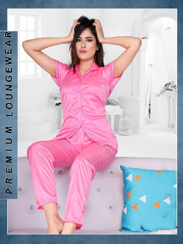 Pink Night Dress Satin Pyjama Set For Ladies