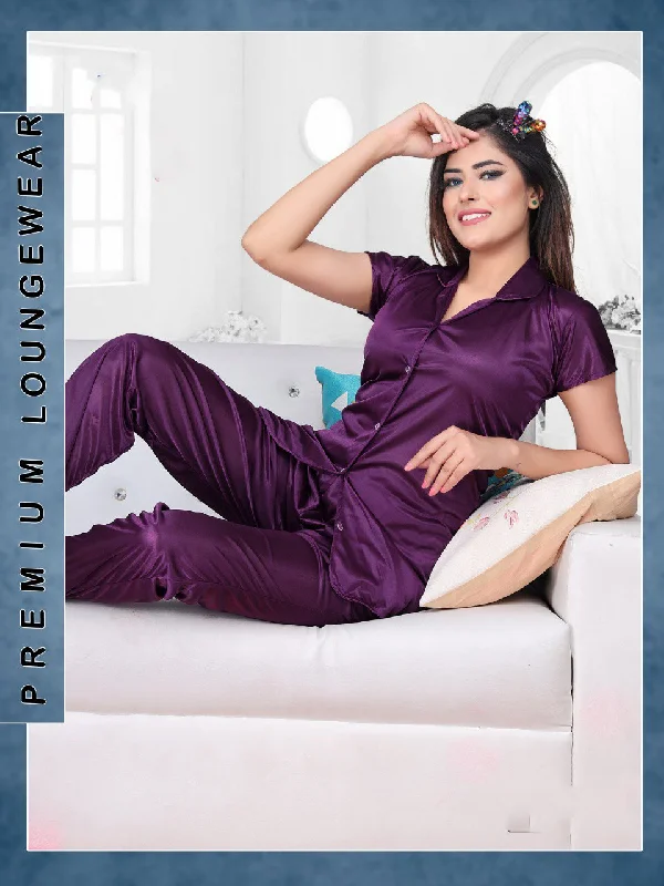 Purple Night Dress Satin Pyjama Set For Ladies