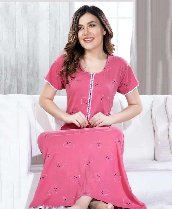 Long Cotton Pink Nighty Dress for Ladies