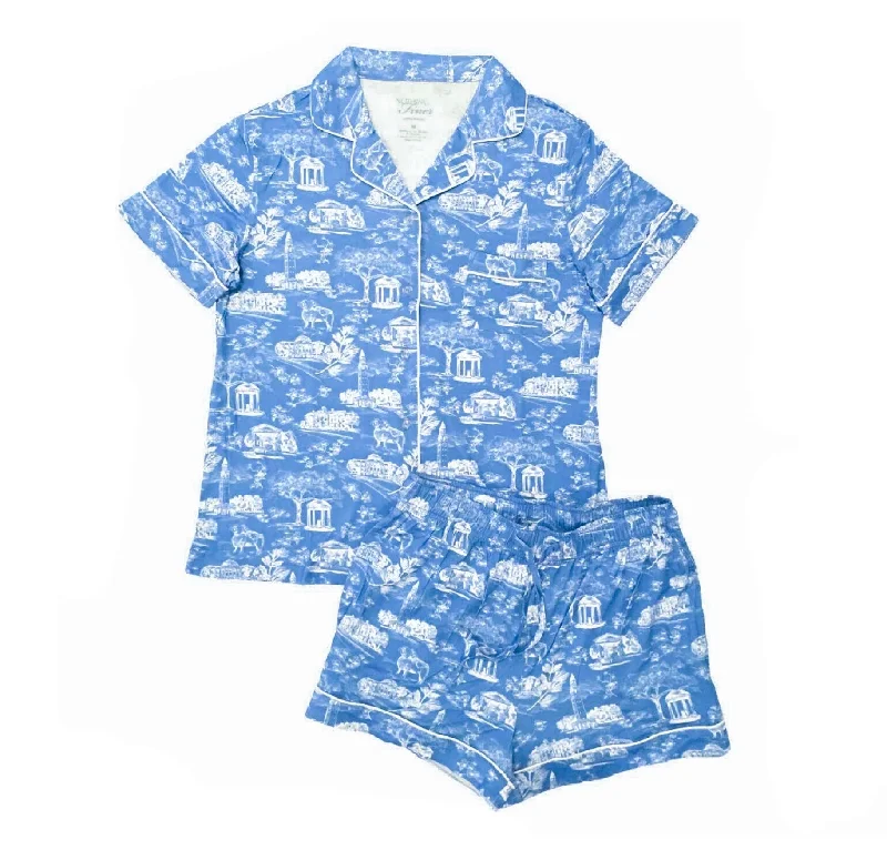 Tar Heel Toile Pajamas in Carolina Blue Short Sleeves and Shorts by Nothing Finer