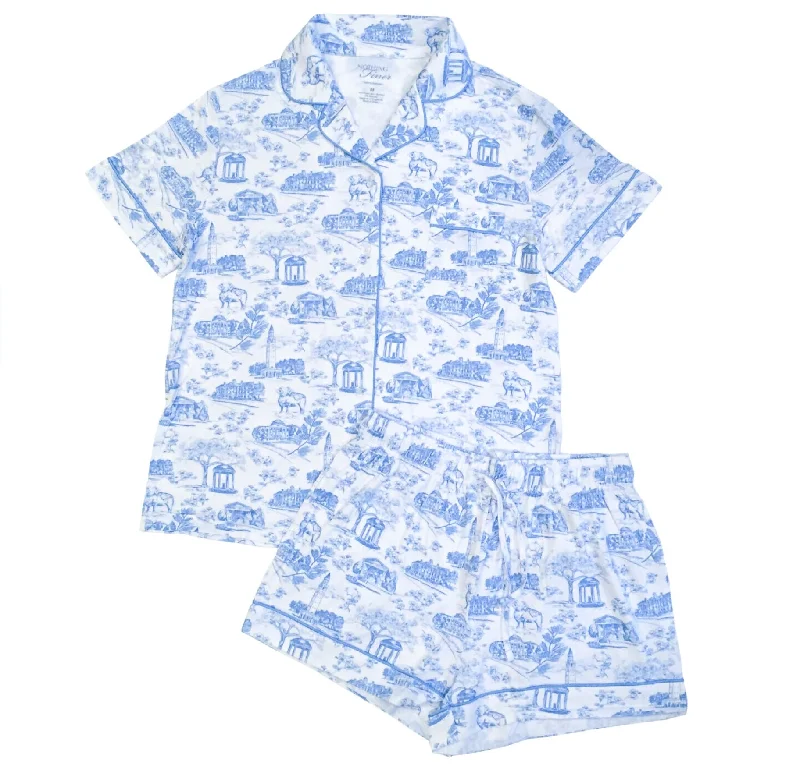 Tar Heel Toile Pajamas Set in White Short Sleeves and Shorts by Nothing Finer