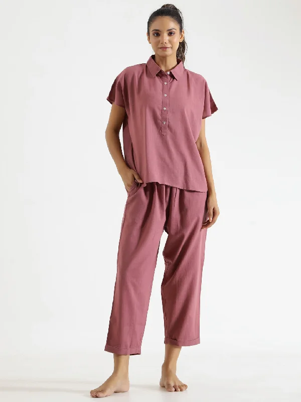 Pink Solid Cotton Slub Night Suit