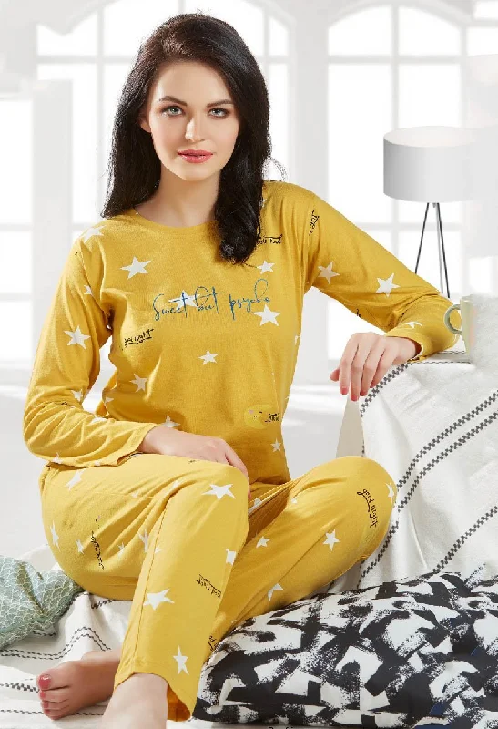 Yellow Printed Winter cotton night suit for ladies