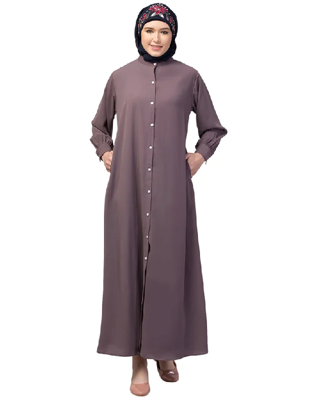 Arabic Abaya with a simple front-open design and cuffs for a stylish In Color Plum