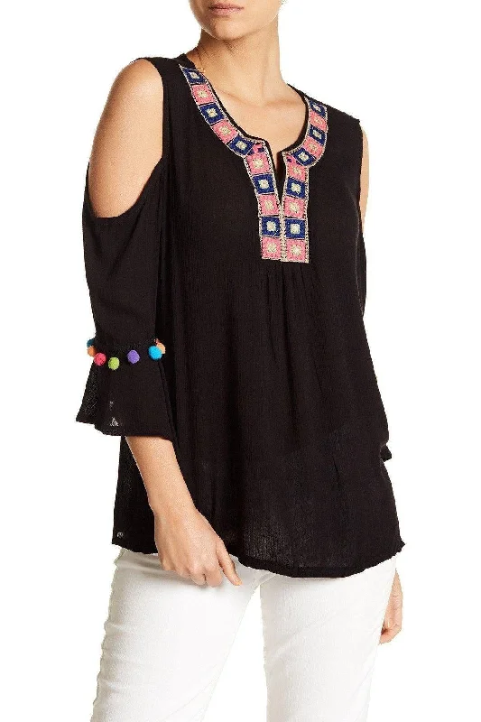 Black Embroidered Cold Shoulder Top with Colorful Pompoms