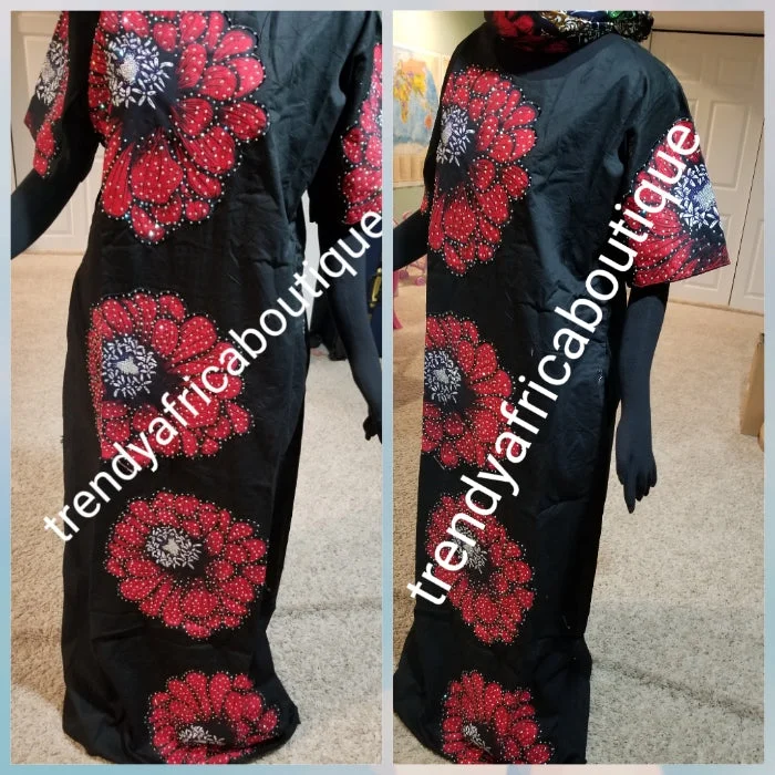 Latest Ankara-kaftan embellished  with shinning Swarovski stones to perfection! SIZE 16: Fit Burst 46" and full lenght 60" shoulder to floor. Short sleeve Ankara patch kaftan embriodered and stoned. Latest Ankara Kaftan dress