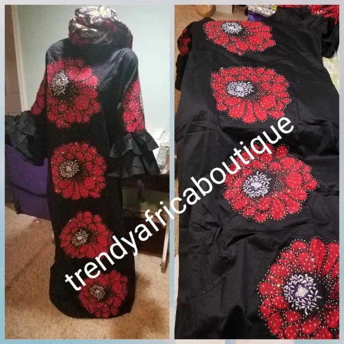 Latest flower pattern Ankara-kaftan. Embriodered and dazzling Swarovski stones to perfection! SIZE 18: Fit Burst 52" and full lenght 62" shoulder to floor. Sleeve 18". Double flared. Ankara pattern kaftan embriodered and stoned. Long free flowing gown.