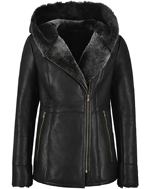 Women's Shearling Leather Jacket Back Faux Fur Lined Jacket