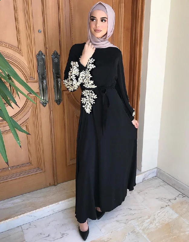 Embroidered Abaya Kaftan Dress with Waist Tie for Women