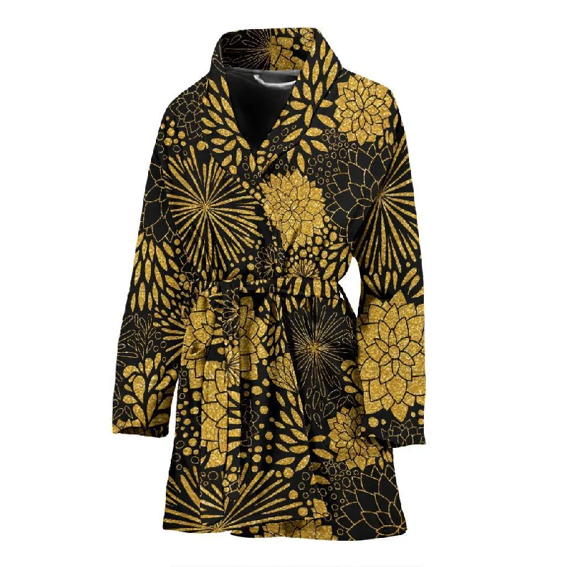 Gold Glitter Floral Pattern Print Women Long Robe