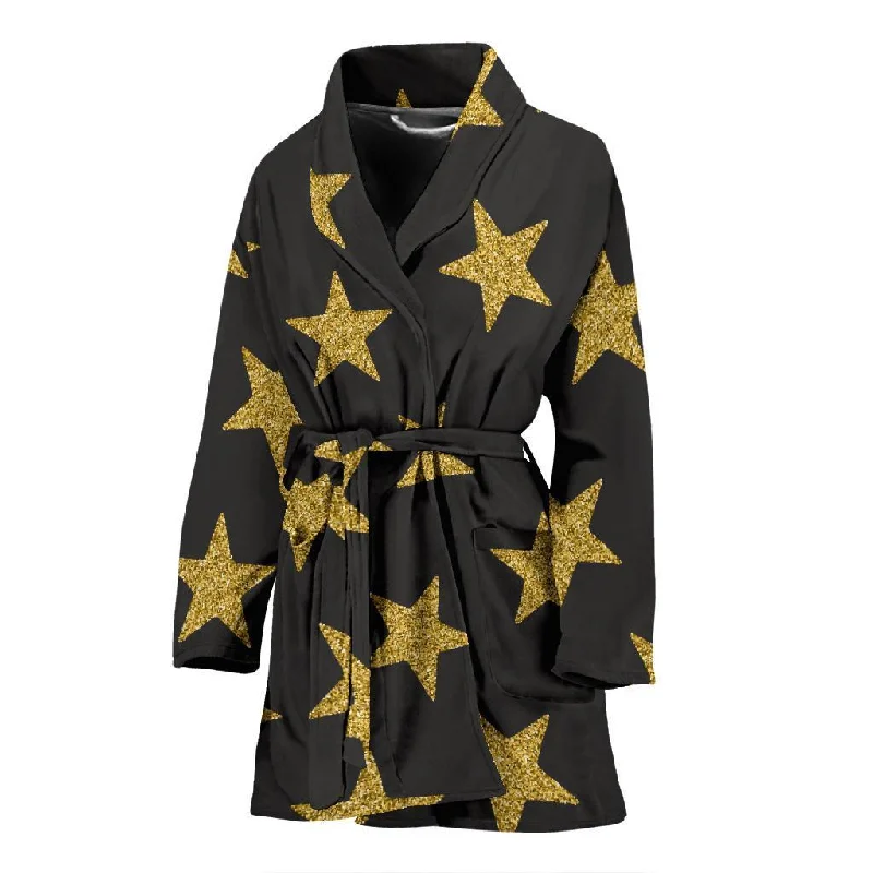 Gold Glitter Star Pattern Print Women Long Robe