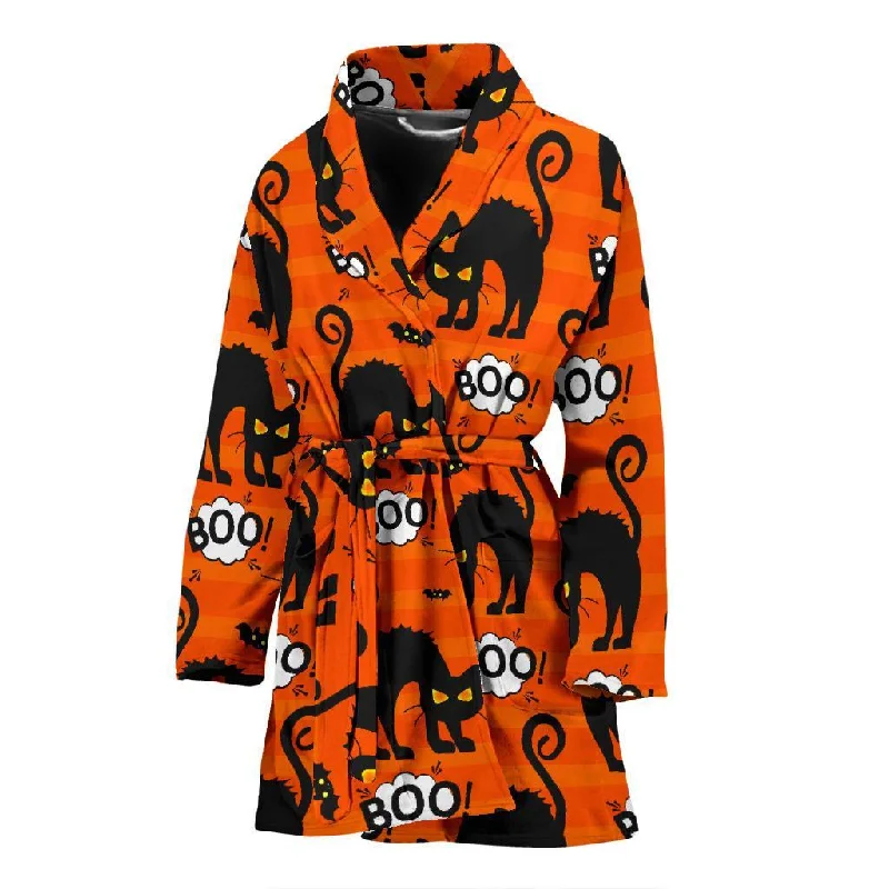 Halloween Black Cat Pattern Print Women Long Robe