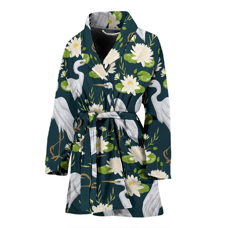 Heron Lotus Pattern Print Women Long Robe