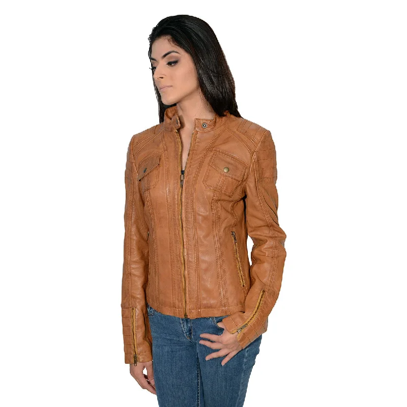 Milwaukee Leather SFL2805 Women's Cognac Quilted Mandarin Collar Fashion Casual Leather Jacket