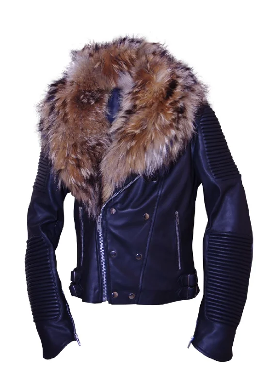 Heavy Fur Collared Leather Jacket For Women Detachable Fur