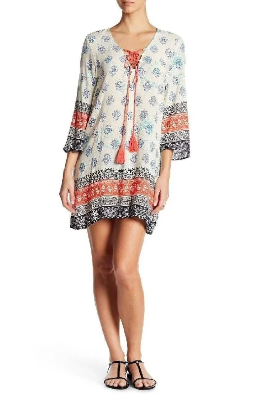 Printed Tunic Cover Up with Tassel Ties for Beachwear