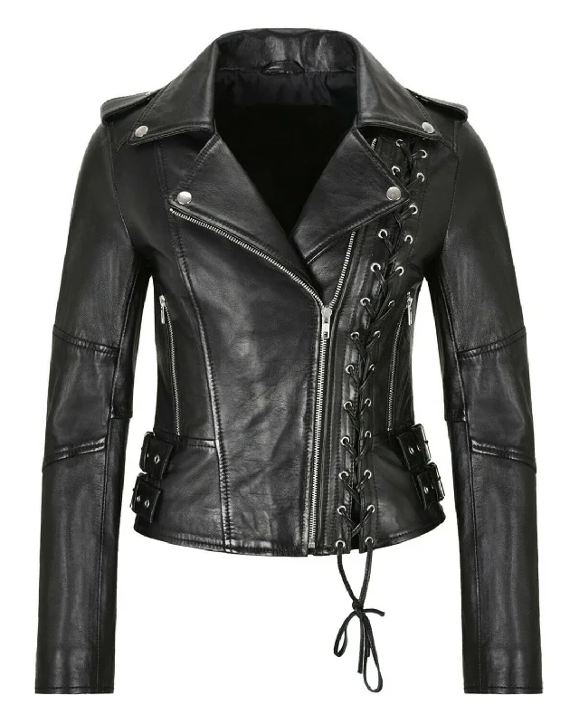 Stylish Leather Jacket For Women Black Biker Jacket With Lace