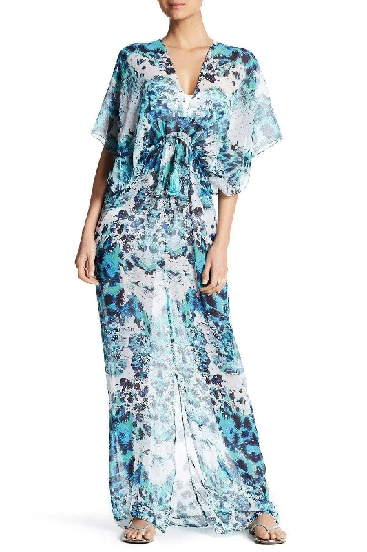 Summer Vacation Printed Sheer Long Kaftan-Style Robe And Beachwear Cover Up