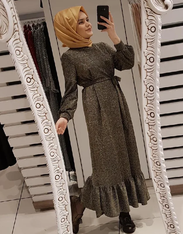 Women's Knit Caftan Dress with Abaya Embroidery and Waist Tie