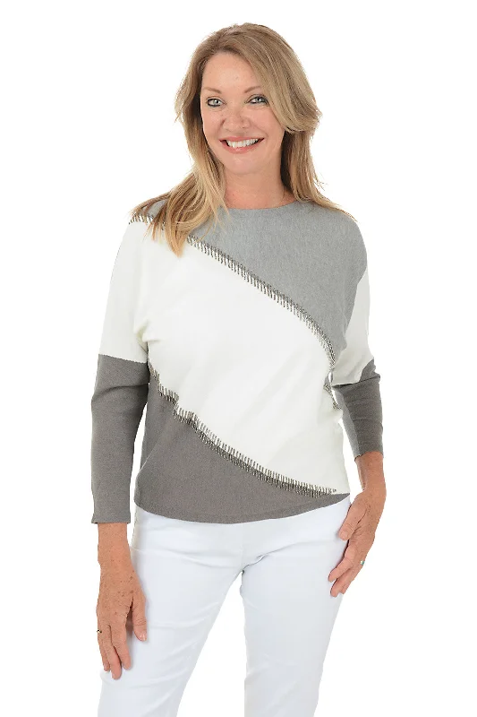 Grey Beaded Colorblock Dolman Sleeve Sweater