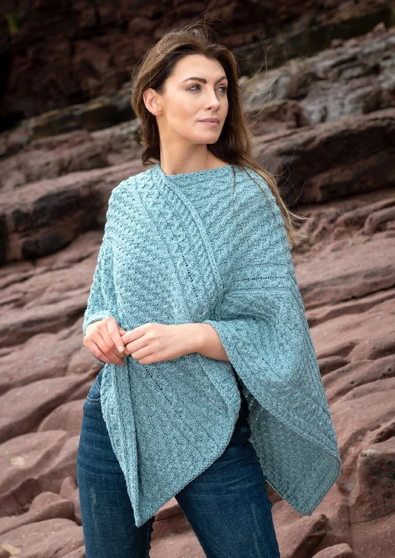 Aran Merino Wool V Poncho | Aqua