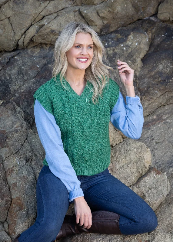 Women's V Neck Aran Vest | Green