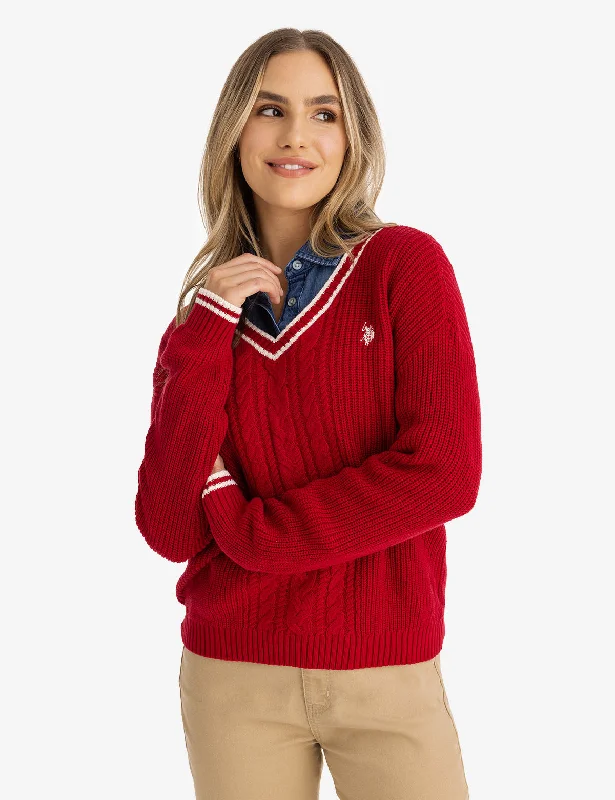 TIPPED CABLE V-NECK SWEATER