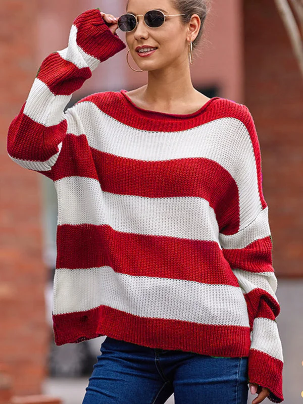 Women's rolled round neck striped color block sweater