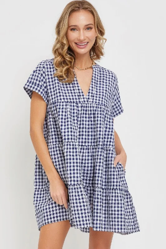 Blue Zone Planet |  Ella's V-Neck Babydoll Gingham Mini Dress