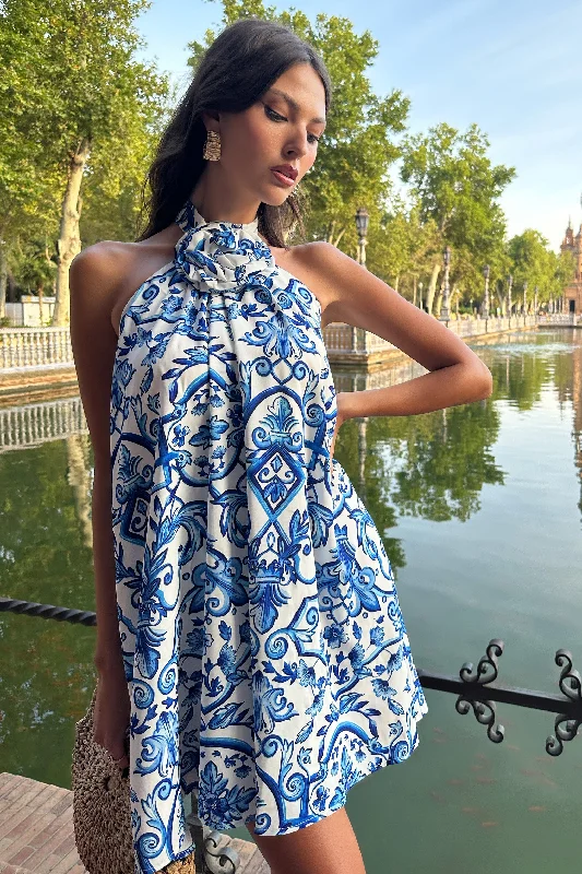 Naples | Blue Porcelain Print Halter-Neck Mini Dress With Corsage