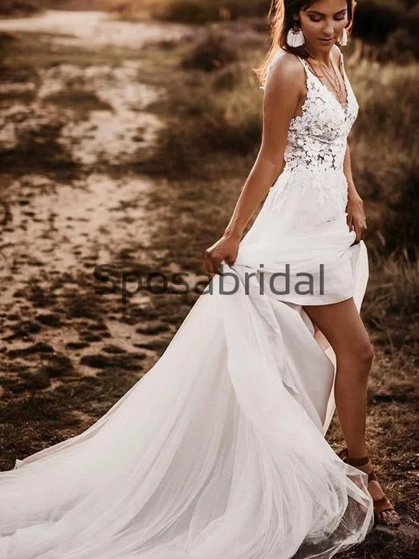 A-line V-Neck Lace Beach Long Modest Wedding Dresses WD0540