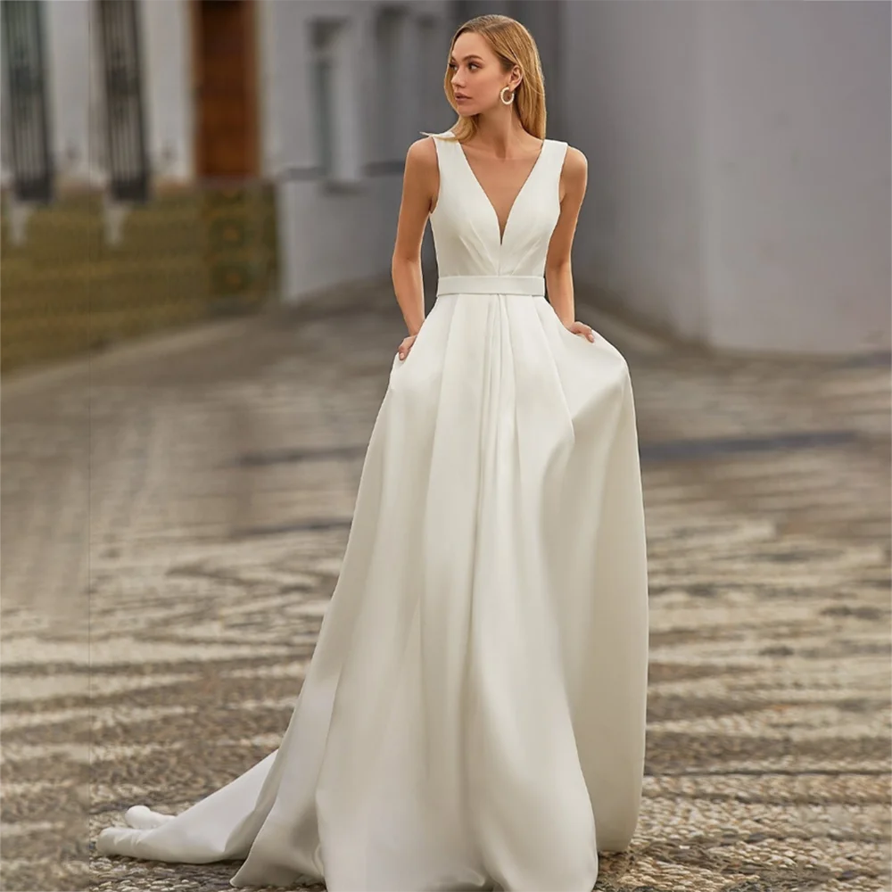 Deep V-Neck Sleeveless Wedding Dress