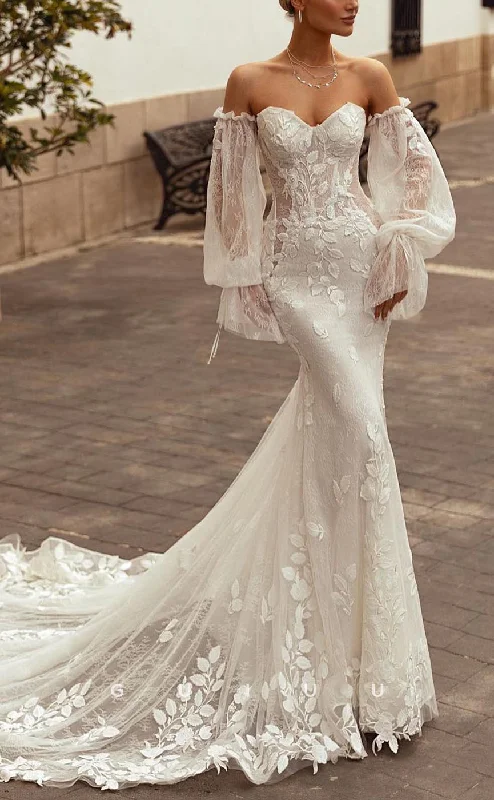 GW706 - Sexy & Hot Mermaid V-Neck Allover Lace and Appliques Long Wedding Dress with Long Bishop Sleeves and Sweep Train