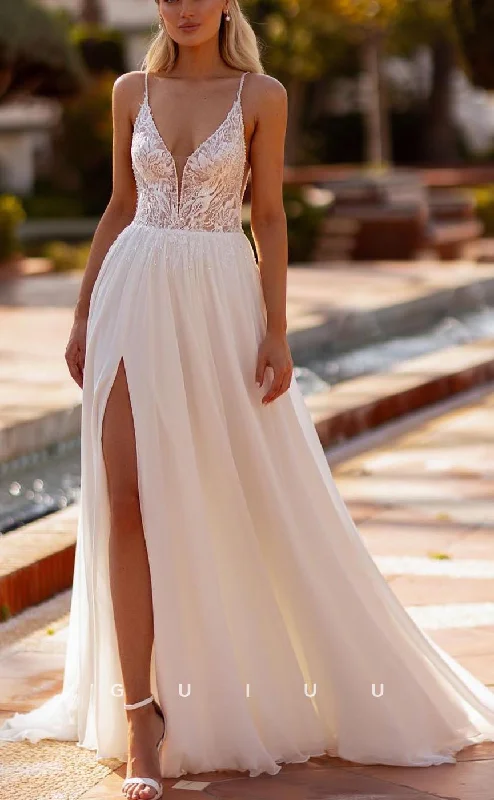 GW708 - Chic & Modern A-Line V-Neck Straps Appliqued and Beaded Boho Wedding Dress with High Side Slit