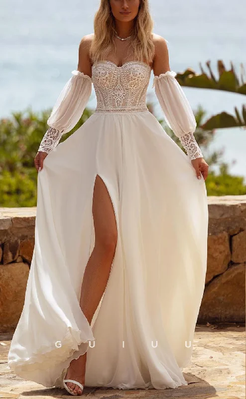 GW710 - Chic & Modern A-Line Sweetheart Appliques Boho Wedding Dress with Quarter Bishop Sleeves and High Side Slit