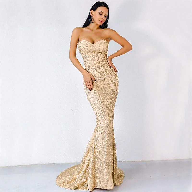 Hot-selling Style Unique Glitter Detailing Christmas Party Strapless Tube Fishtail Dress