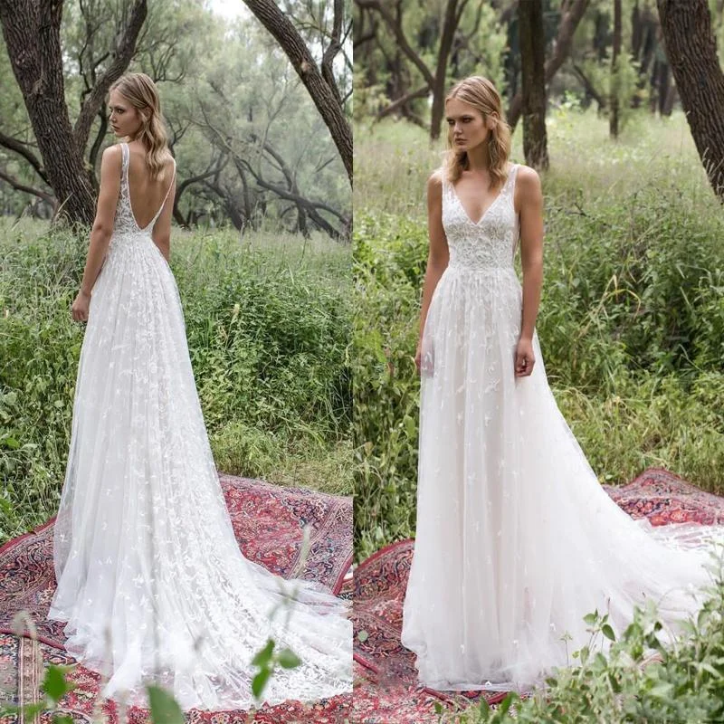 Long Lace V-Neck Vintage Country Beach Simple Soft Wedding Dresses  WD0302