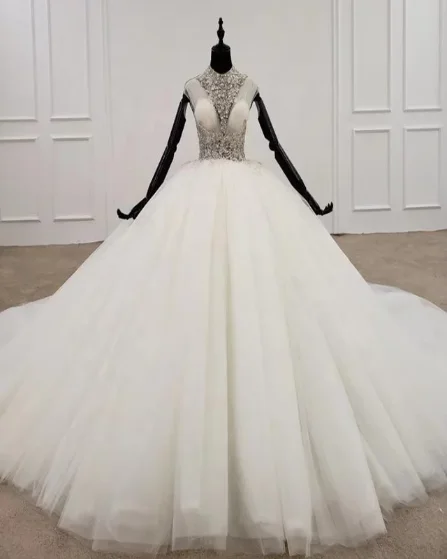 Women Luxury Crystal High Neck Wedding Dress